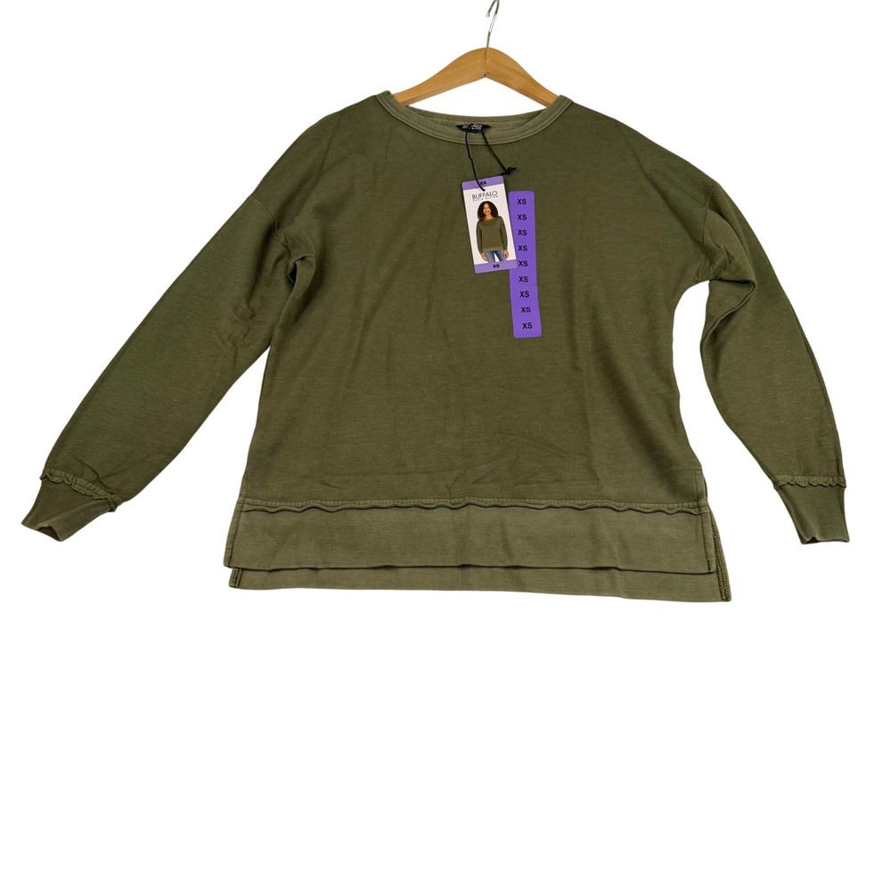 Buffalo David Bitton Womens Olive Green Raw Edge High Low Top XS NEW